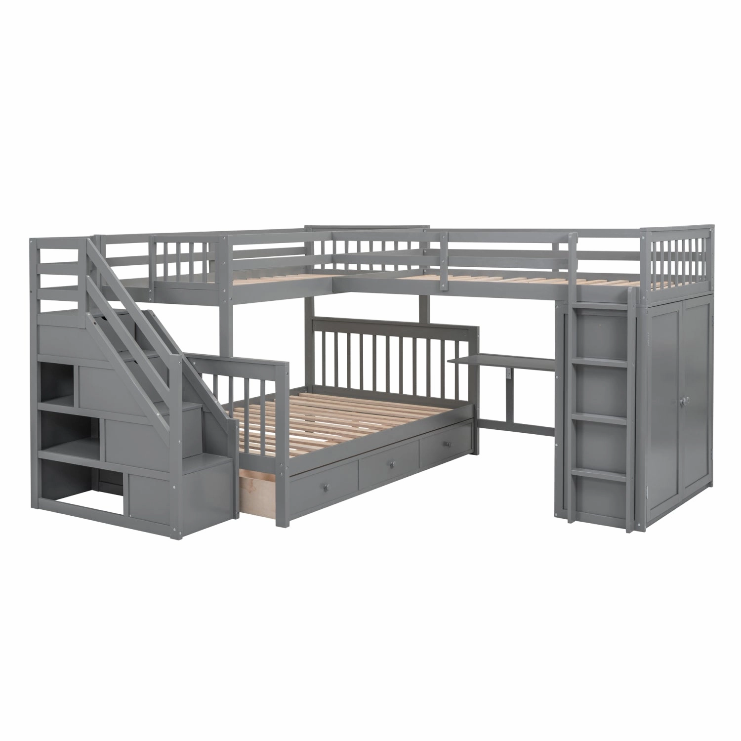 Streamdale Twin/Twin/Full L-Shaped Bunk Bed w/ Desk, Wardrobe & Drawers