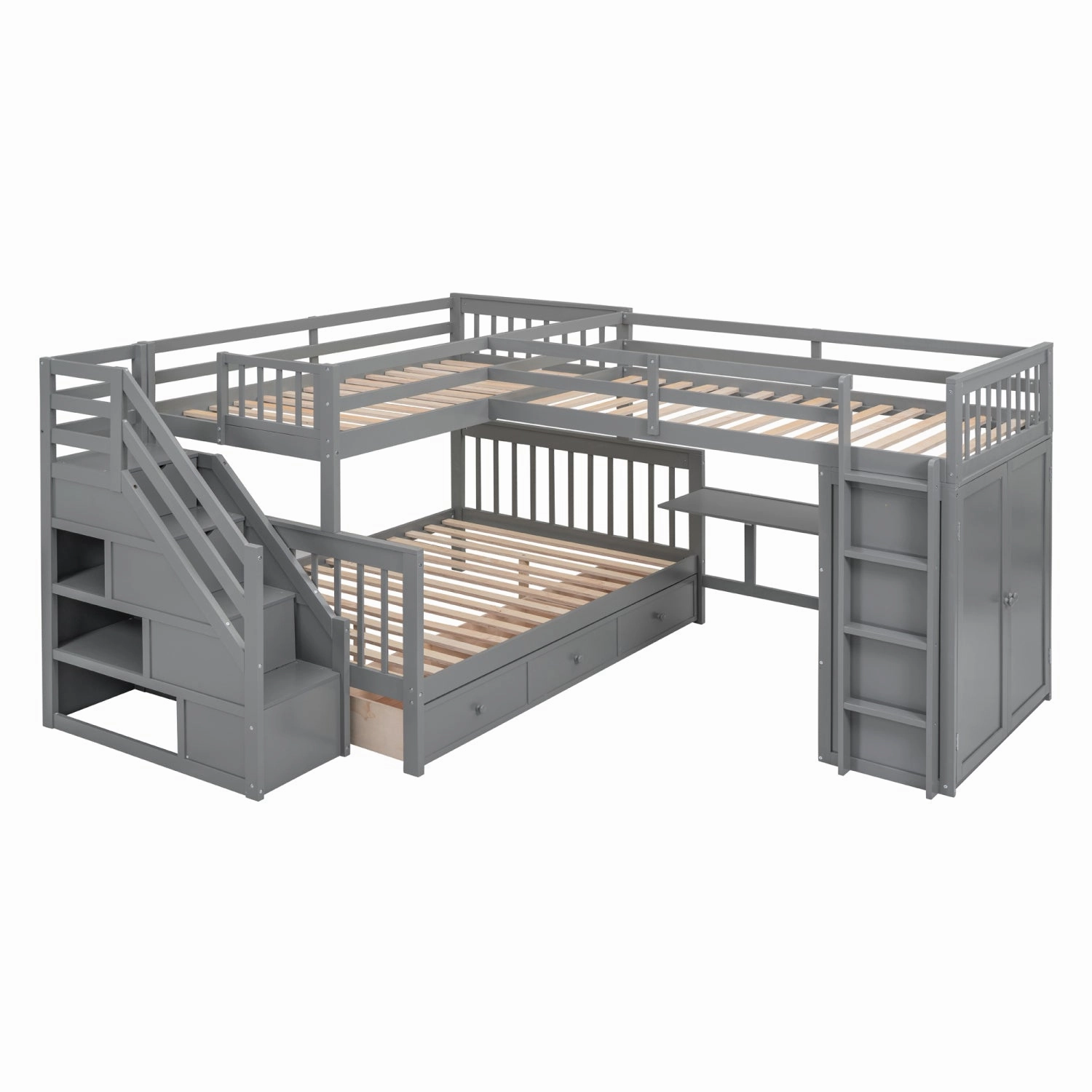 Streamdale Twin/Twin/Full L-Shaped Bunk Bed w/ Desk, Wardrobe & Drawers