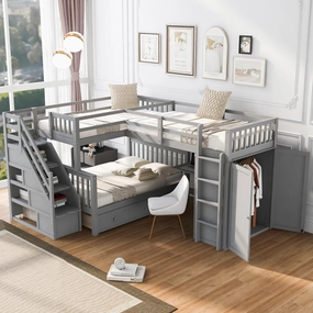 Streamdale Twin/Twin/Full L-Shaped Bunk Bed w/ Desk, Wardrobe & Drawers