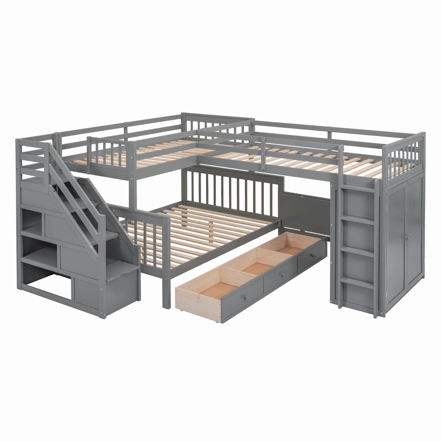 Streamdale Twin/Twin/Full L-Shaped Bunk Bed w/ Desk, Wardrobe & Drawers