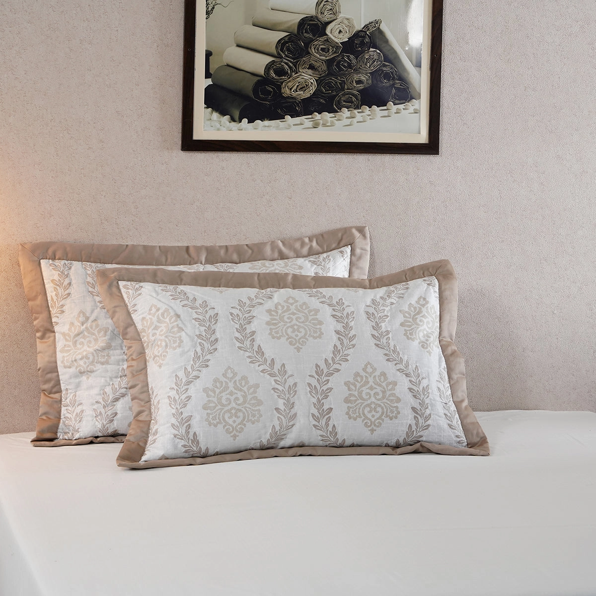 Tranquil Essence Lawn Leaflet Quilted Beige 2 PC Pillow Sham Set