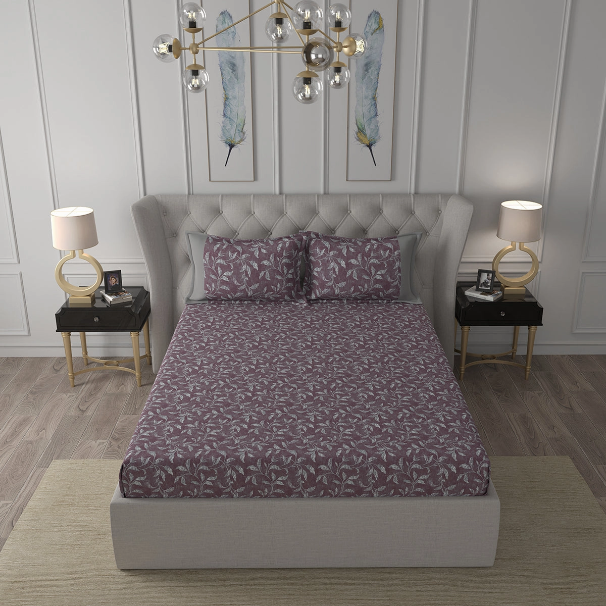 Tranquil Serenity Rustic Leaf 100%Cotton Printed Bed Sheet with Pillow Case Red