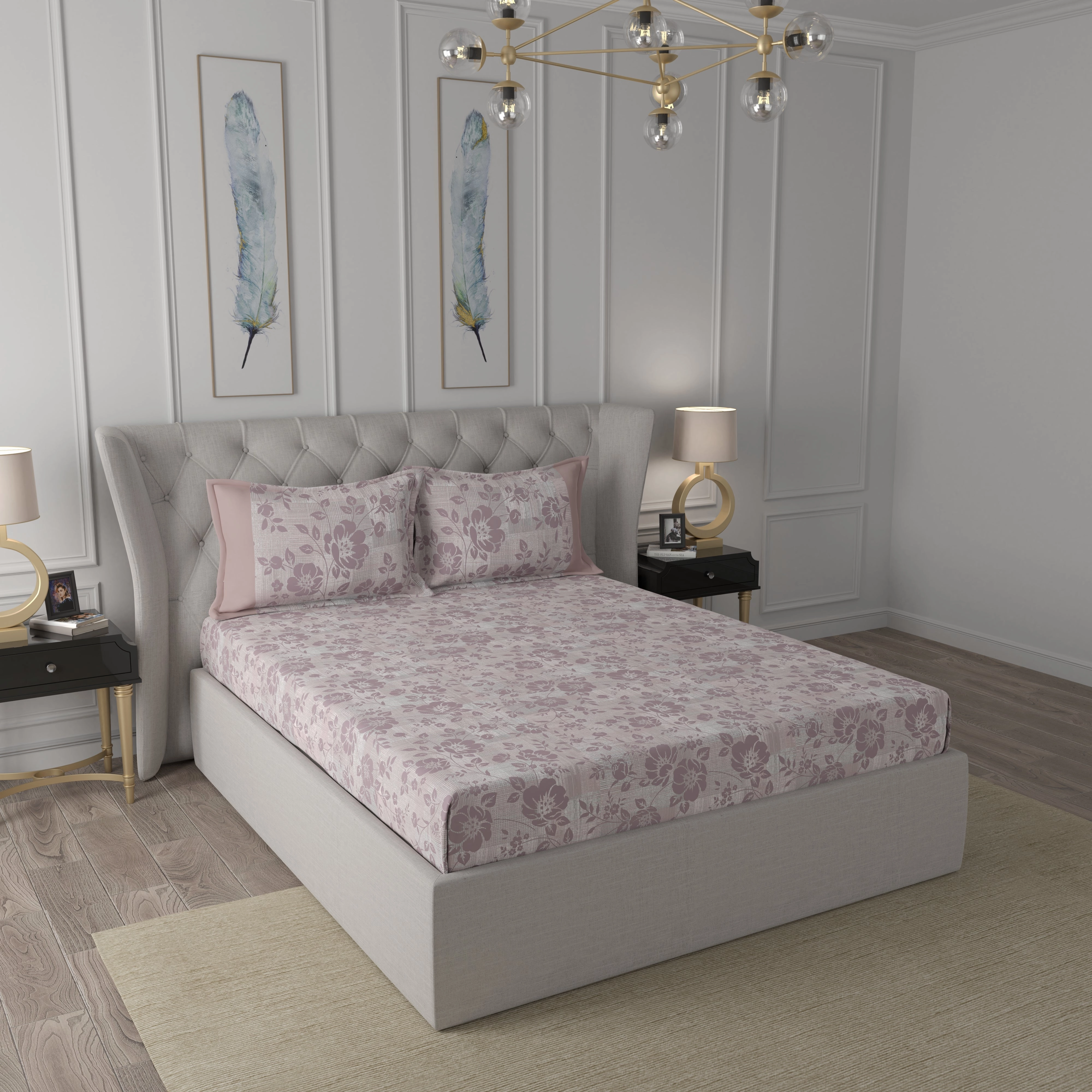 Tranquil Serenity Textured Floral 100%Cotton Printed Bed Sheet with Pillow Case Peach