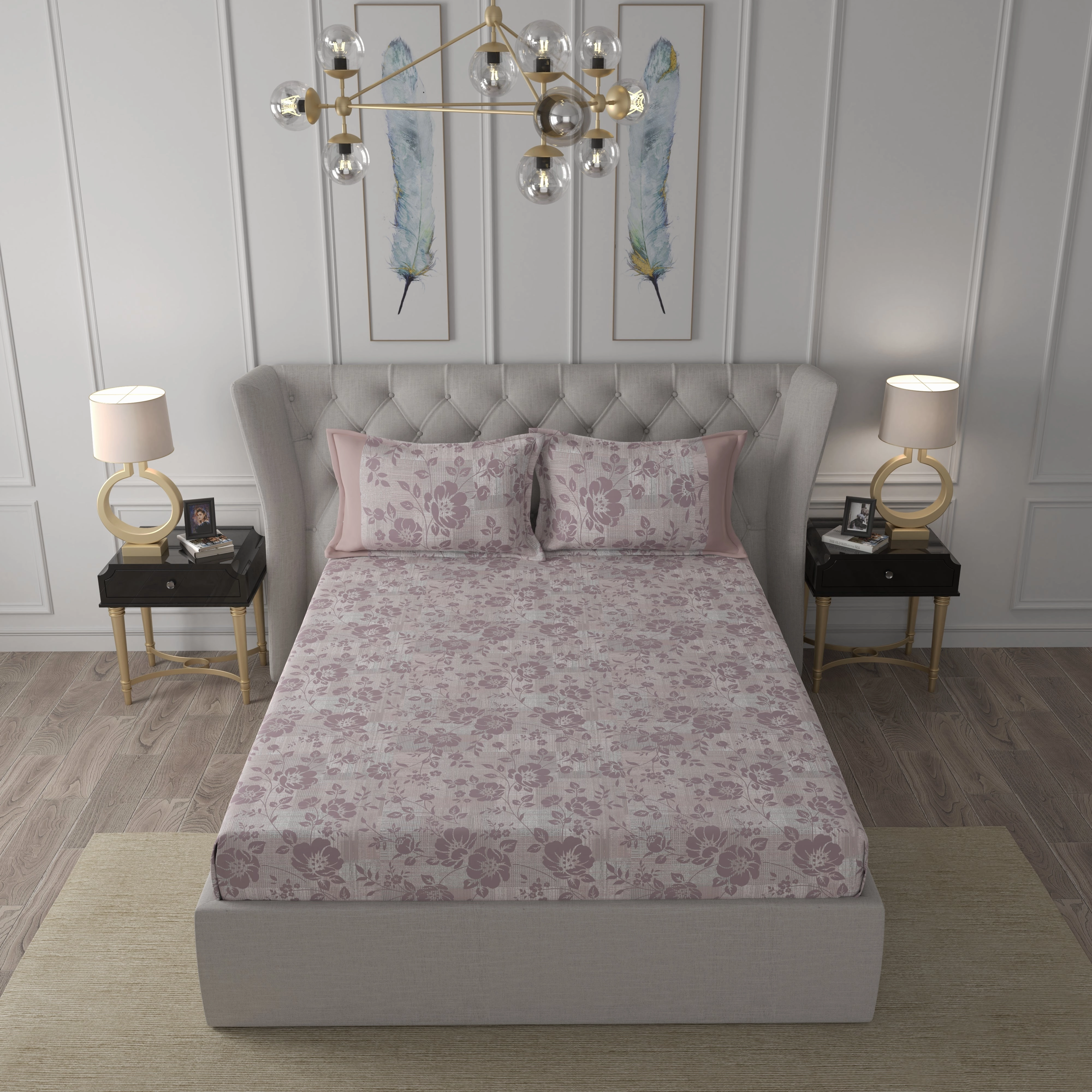 Tranquil Serenity Textured Floral 100%Cotton Printed Bed Sheet with Pillow Case Peach