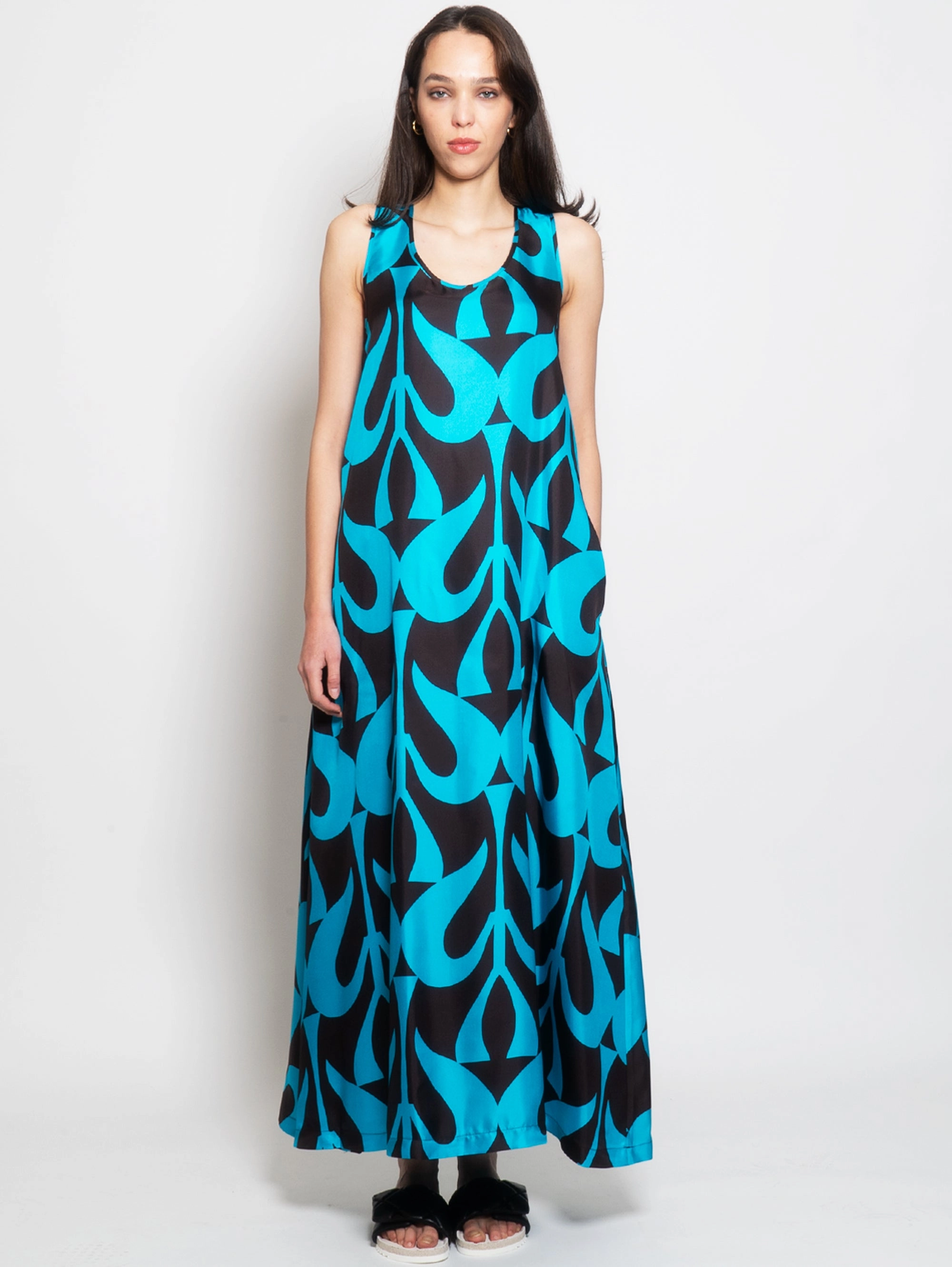 Turquoise/Brown Silk Long Dress
