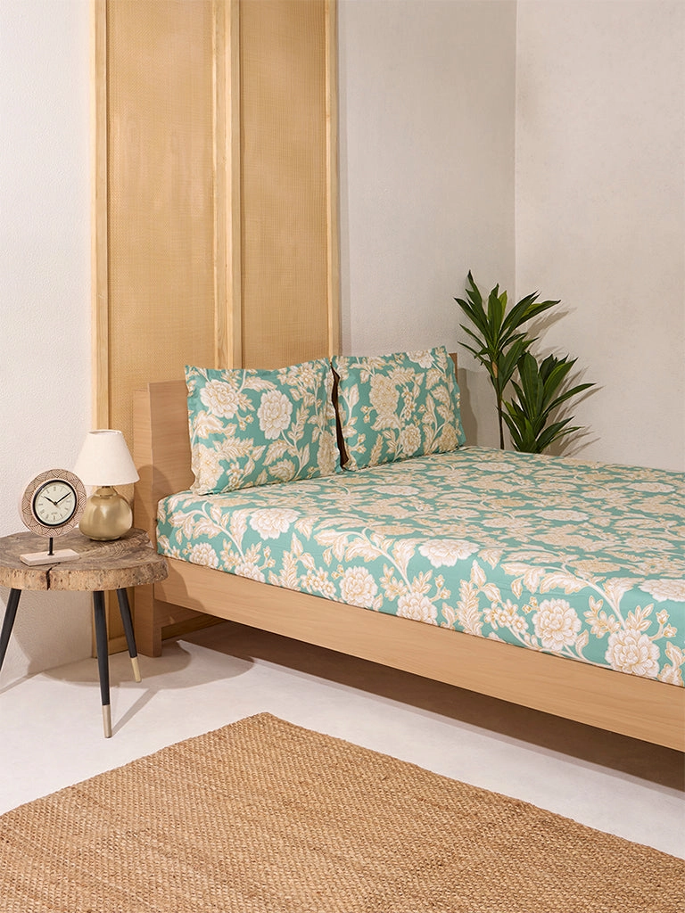 Westside Home Green Foliage King Bed Flat Sheet and Pillowcase Set