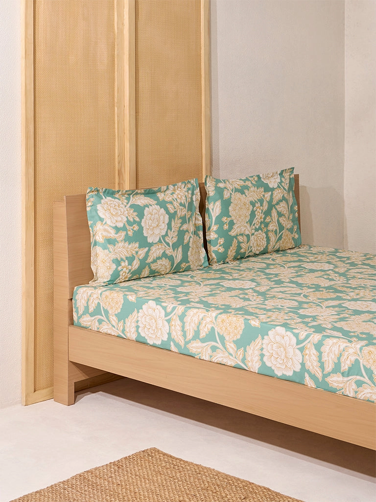 Westside Home Green Foliage King Bed Flat Sheet and Pillowcase Set