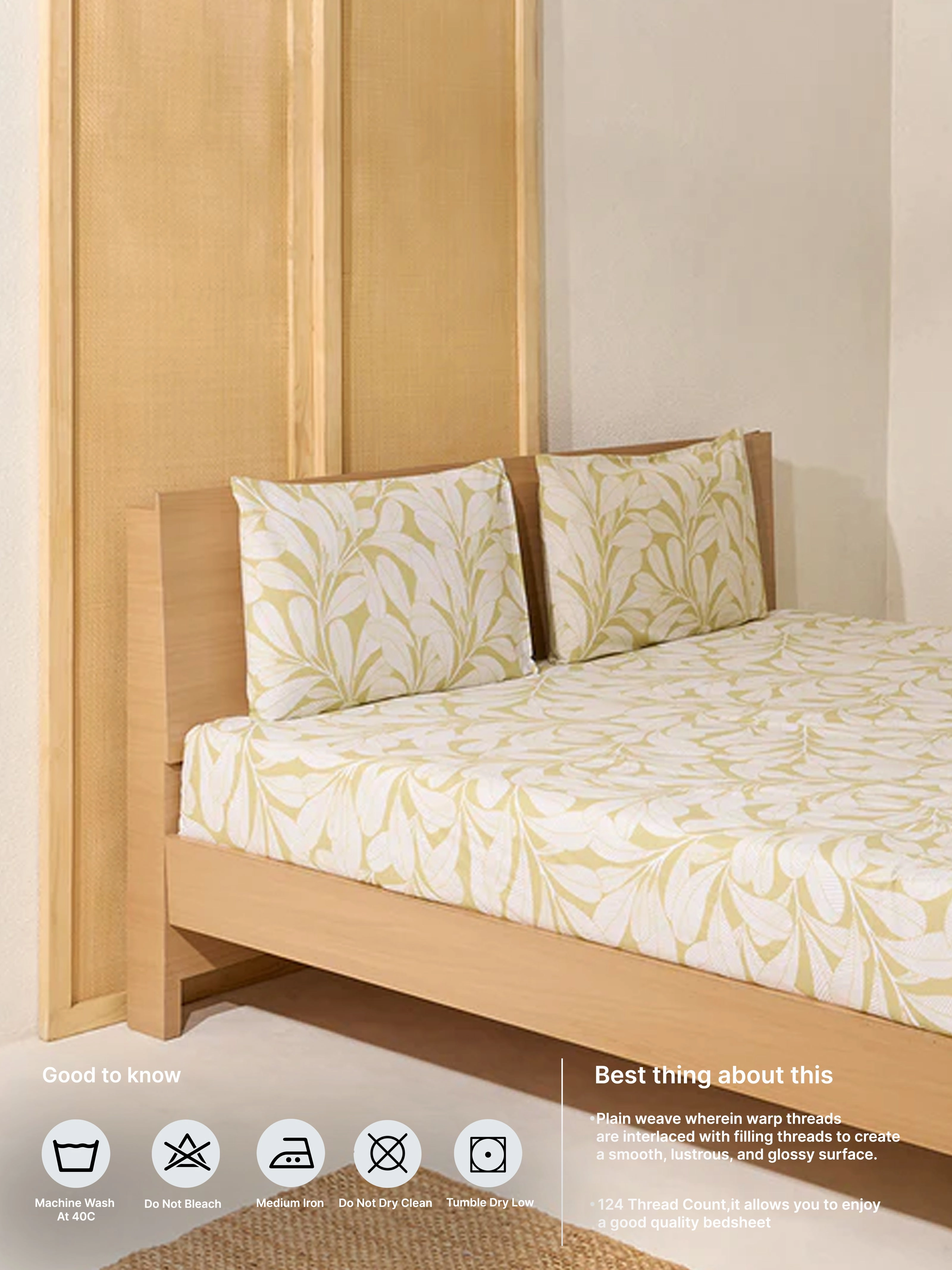Westside Home Green Leaf Print Queen Bed Flat Sheet and Pillowcase Set