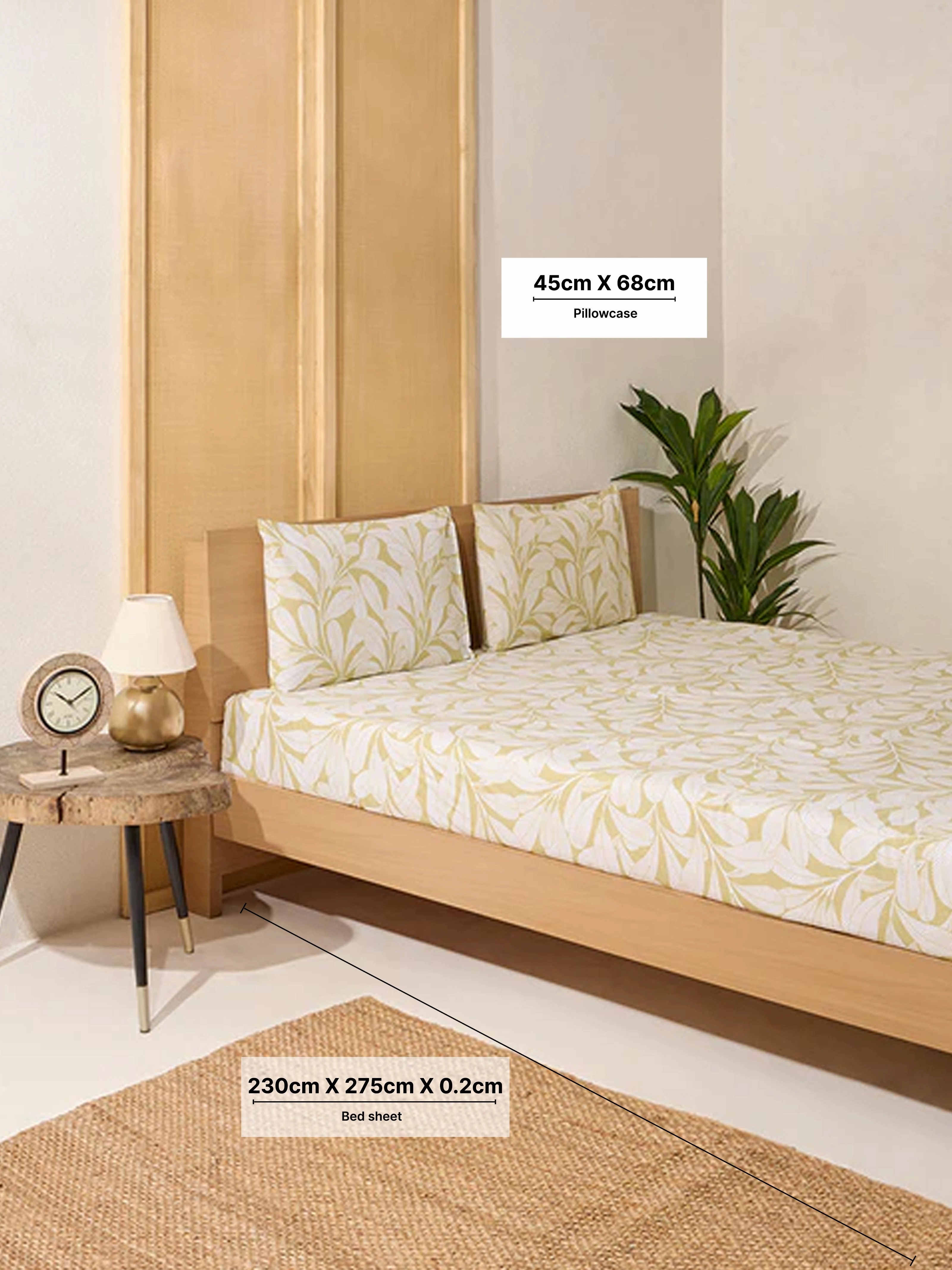 Westside Home Green Leaf Print Queen Bed Flat Sheet and Pillowcase Set