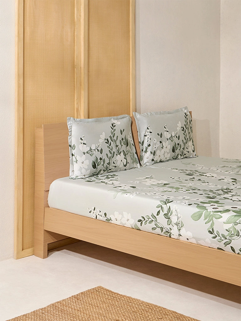 Westside Home Mint Botanical Printed King Bed Flat Sheet and Pillowcase Set
