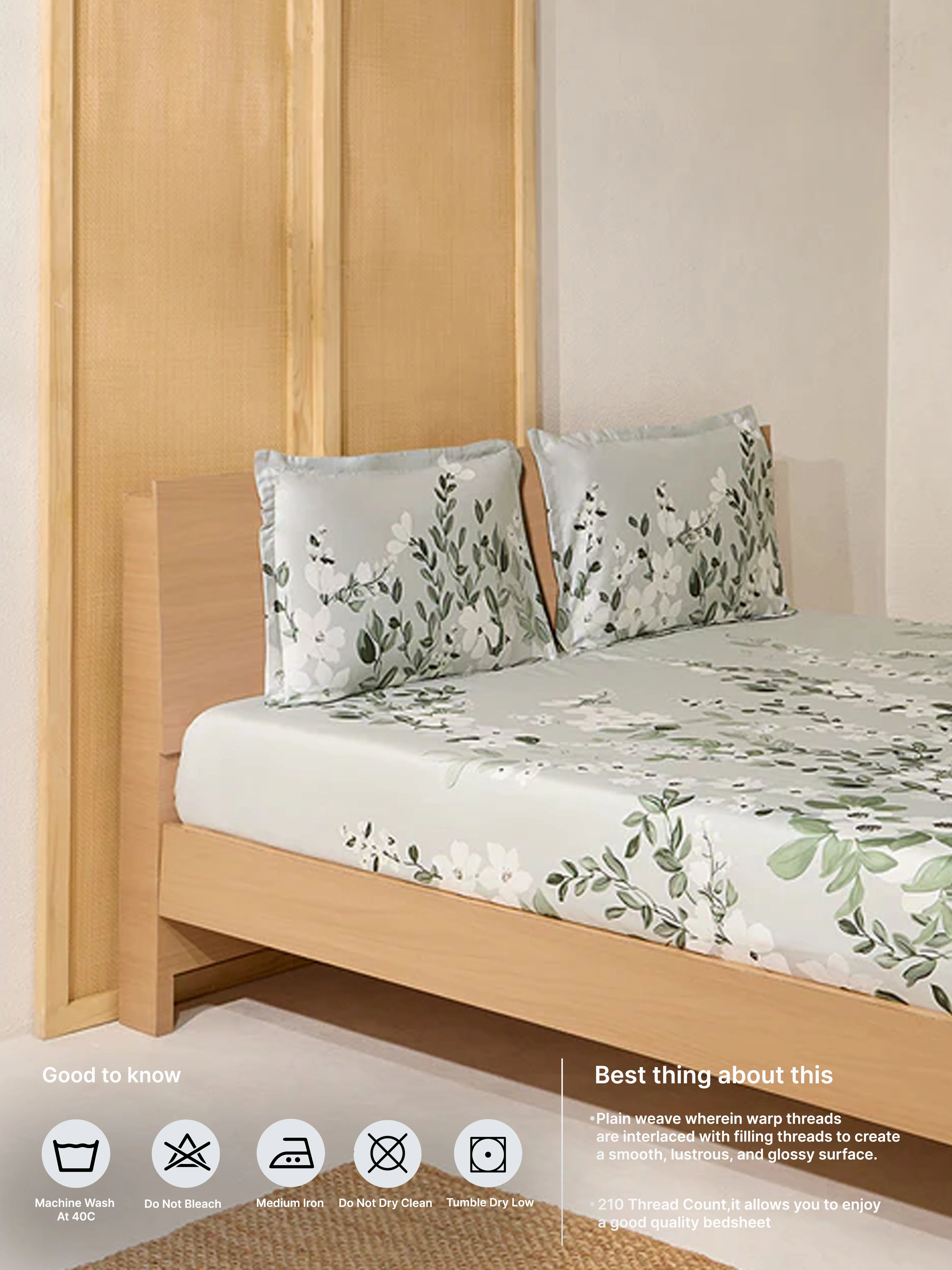 Westside Home Mint Botanical Printed King Bed Flat Sheet and Pillowcase Set