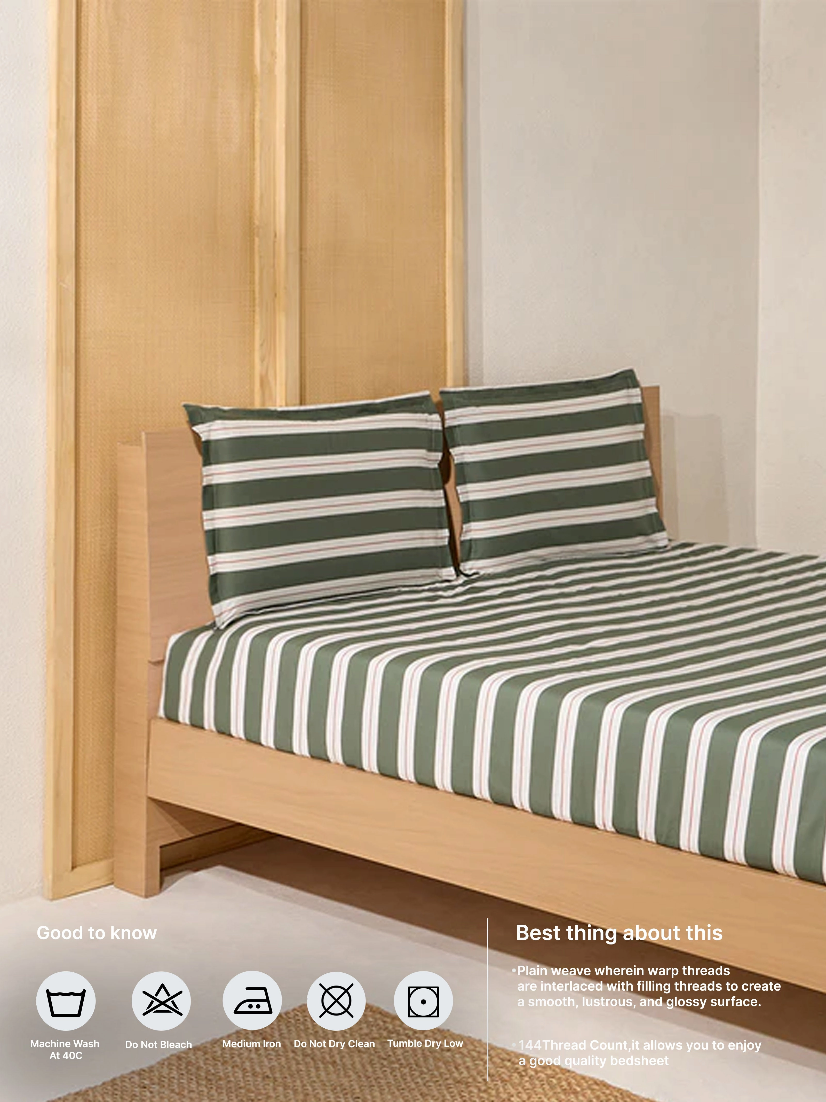 Westside Home Olive Striped Queen Bed Flat Sheet and Pillowcase Set