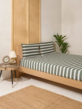 Westside Home Olive Striped Queen Bed Flat Sheet and Pillowcase Set