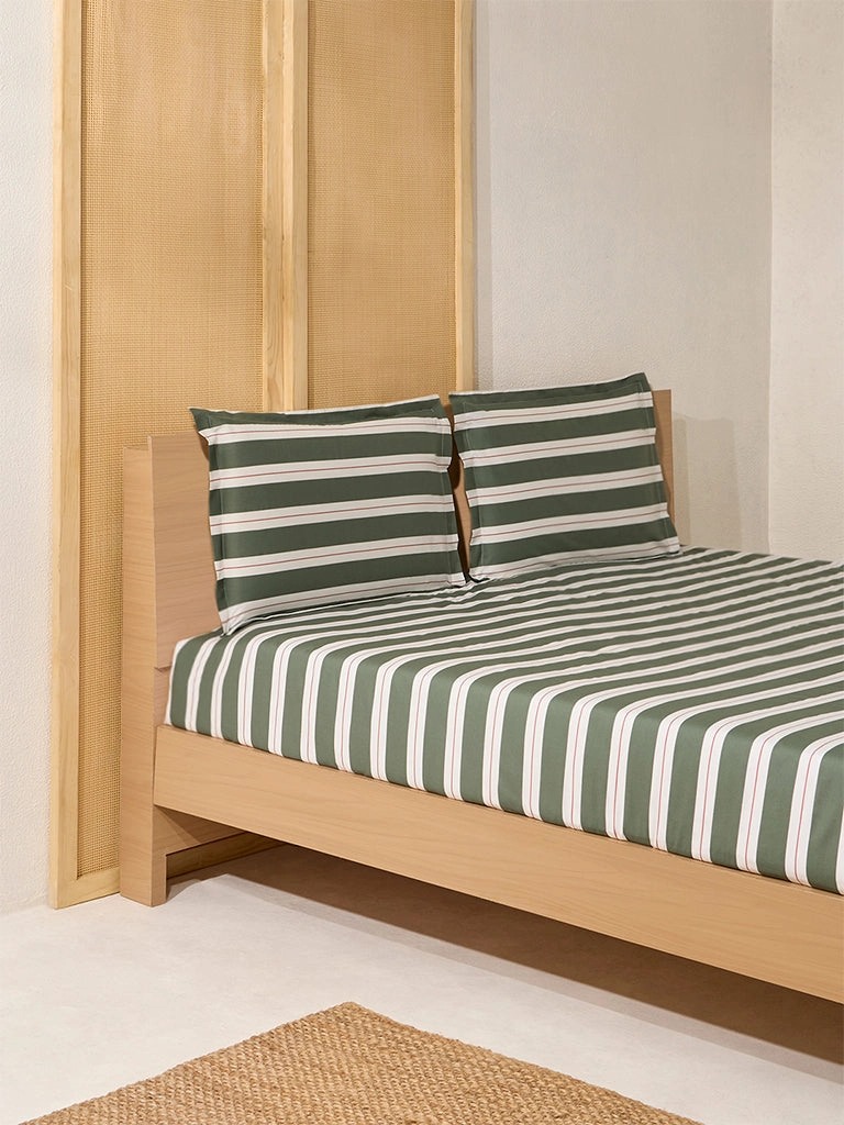 Westside Home Olive Striped Queen Bed Flat Sheet and Pillowcase Set