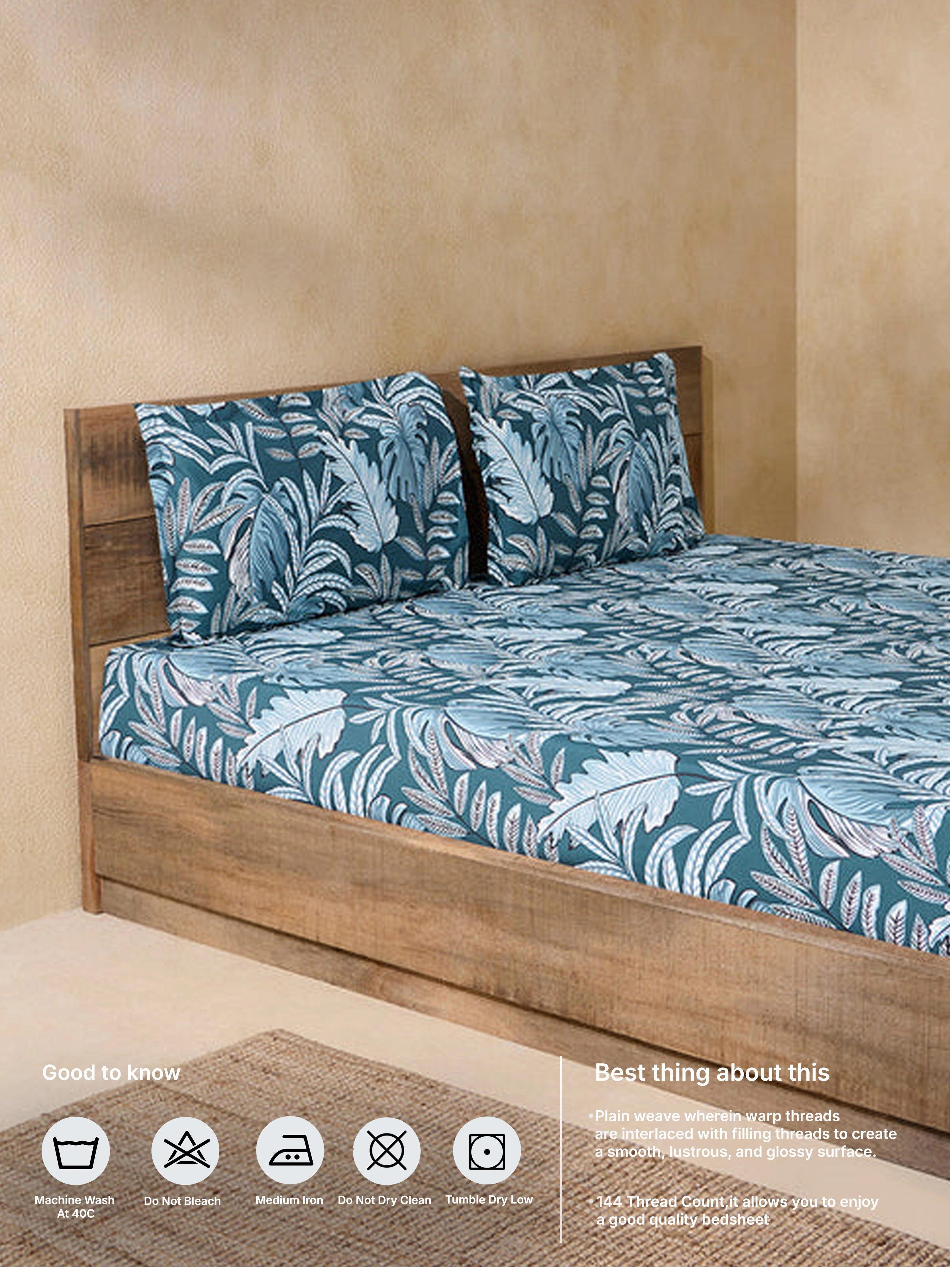 Westside Home Teal Leaf Design Queen Bed Flat Sheet and Pillowcase Set
