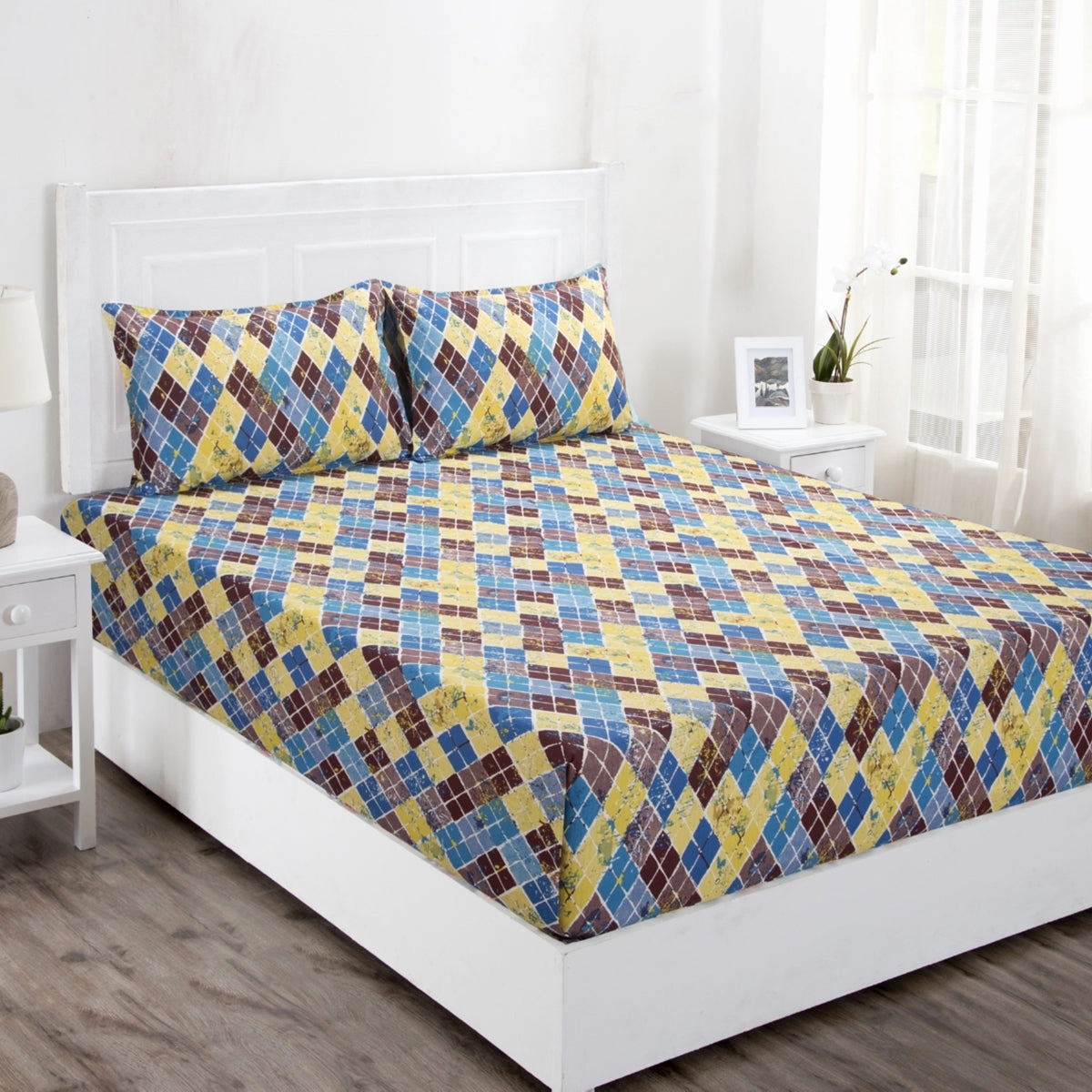 Zephyr Antique Argyle Print Printed 144TC 100% Cotton Multi Bright Bed Sheet